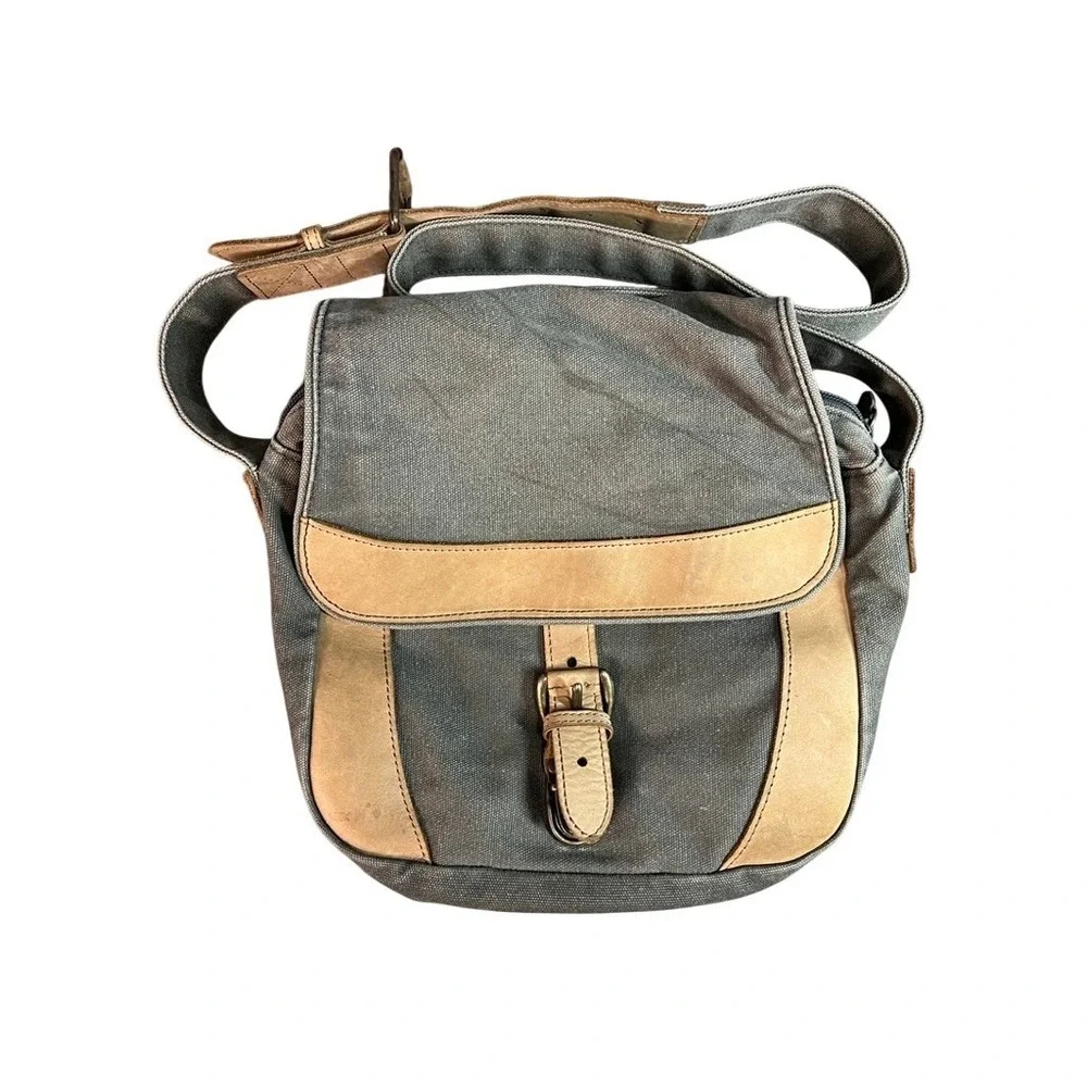 Canvas Messenger Bag Olive Drab Tan Leather Trim Buckle Flap Crossbody Shoulder